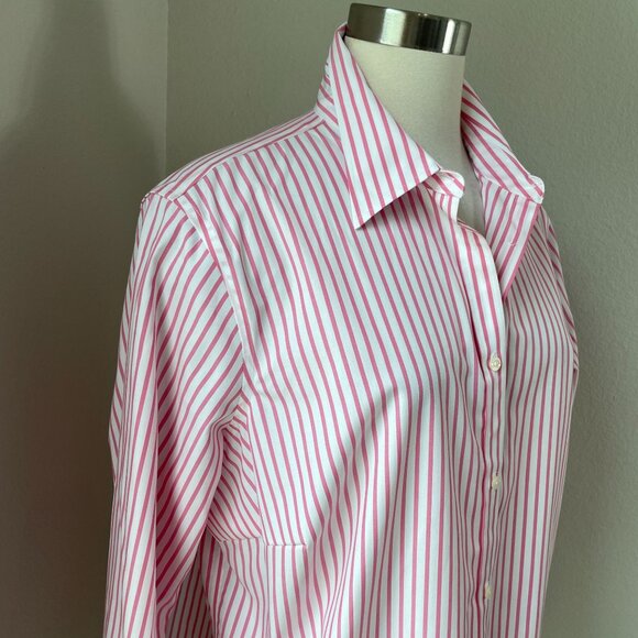 Chaps Classics Womens Plus 1X Pink White Striped No Iron Cotton Button Up Shirt - Picture 2 of 8